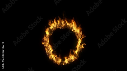 3D animation of the letter o on fire with alpha layer
