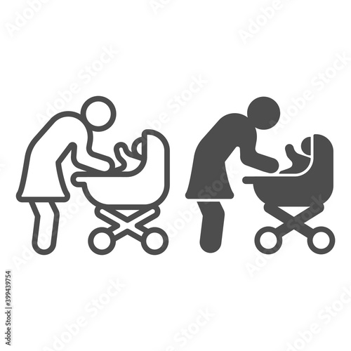Mother and baby in stroller line and solid icon, Mother day concept, Mom with baby carriage sign on white background, mother with stroller icon in outline style for mobile and web. Vector graphics.