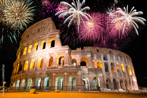Canvas Print Fireworks display at Colosseum in Rome, Italy