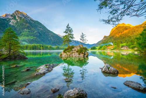 Fototapeta Naklejka Na Ścianę i Meble -  Hintersee lake at sunny morning light. Bavarian Alps on the Austrian border, Germany, Europe