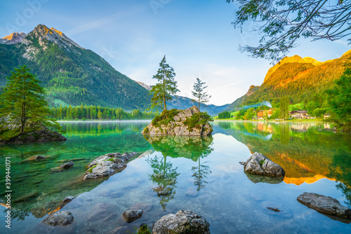 Hintersee lake at sunny morning light. Bavarian Alps on the Austrian border, Germany, Europe