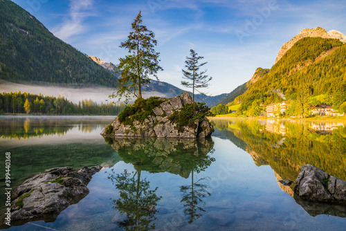 Fototapeta Naklejka Na Ścianę i Meble -  Hintersee lake at sunny morning light. Bavarian Alps on the Austrian border, Germany, Europe
