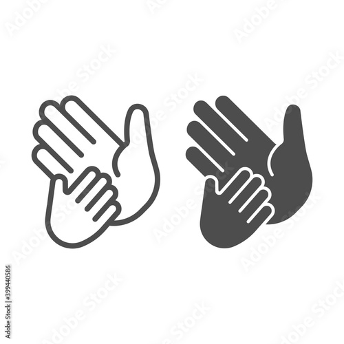 Child hand on adult palm line and solid icon, Mother day concept, child care sign on white background, Helping Hands adult and child icon in outline style for mobile and web design. Vector graphics.
