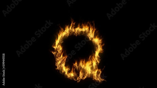 3D animation of the letter q on fire with alpha layer