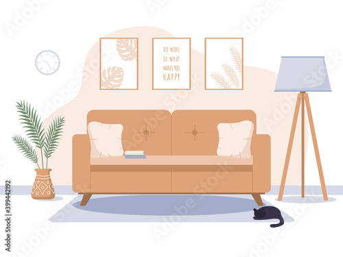 Cozy living room interior in scandinavian style. Apartment design concept with comfy furniture. Nordic sofa with lamp and plant. Vector illustration in cartoon hygge style.