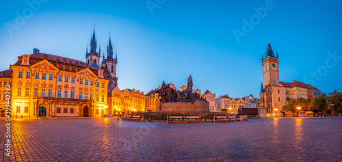 Old Town square panorama in Prague with Tyn Church, Czech Republic 
