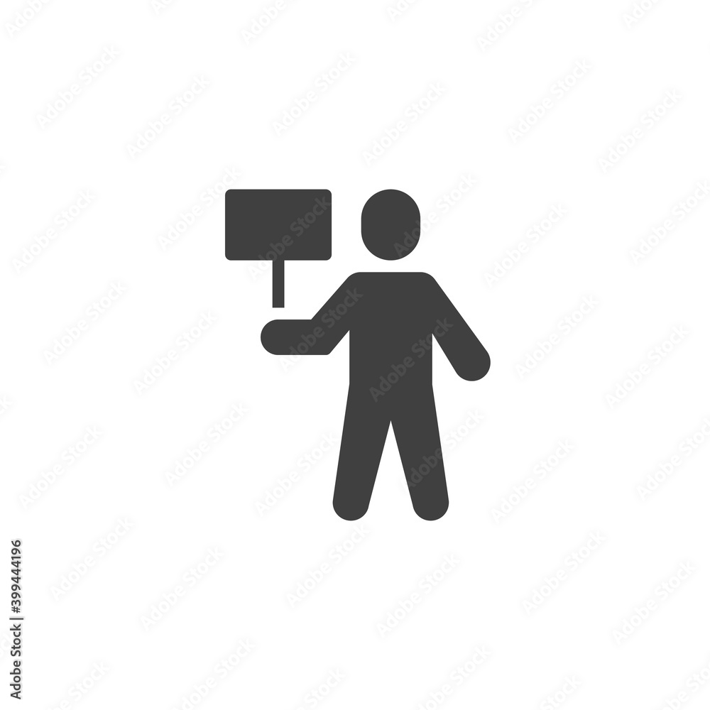 Man protester vector icon. filled flat sign for mobile concept and web design. Man with protest banner glyph icon. Symbol, logo illustration. Vector graphics Man protester vector icon. filled flat sign for mobile concept and web design. Man with protest banner glyph icon. Symbol, logo illustration. Vector graphics