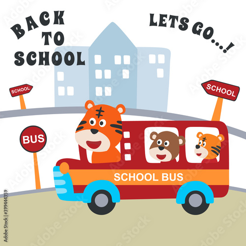 School bus cartoon. Cute animal in school bus. Creative vector childish background for fabric, textile, nursery wallpaper, poster, card, brochure. and other decoration.