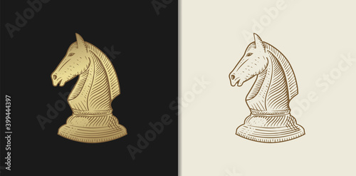 Horse Chess in Luxury gold hand drawn engraving style. Chess piece in vintage style