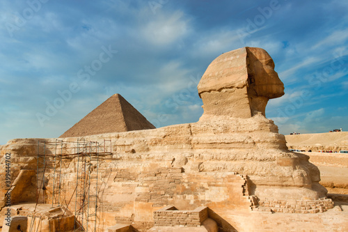 The Great Sphinx of Giza and one of the famoust pyramids in Egypt