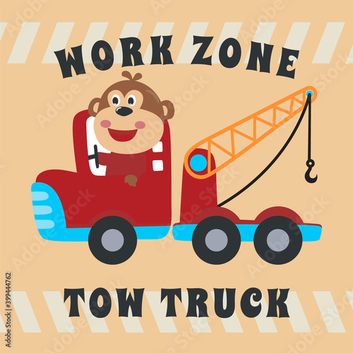 Vector illustration of contruction vehicle with cute litle animal driver. Can be used for t-shirt print, kids wear fashion design, invitation card. fabric, textile, nursery wallpaper and poster.