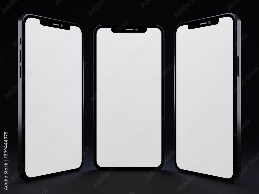 Three black smartphones with blank screen on dark background Three black smartphones with blank screen on dark background
