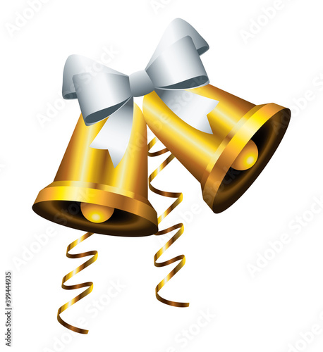 happy merry christmas golden bells with silver bow icon