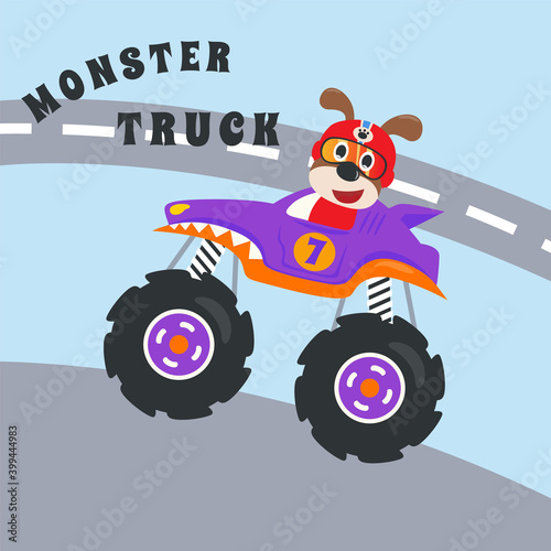 Cartoon vector of monster truck with little animal driver. Can be used for t-shirt print  kids wear fashion design  invitation card. fabric  textile  nursery wallpaper  poster and other decoration.
