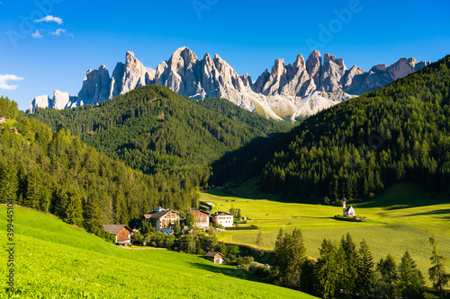 St Johann Church in Santa Maddalena, Val Di Funes village, Dolomites, Italy photo