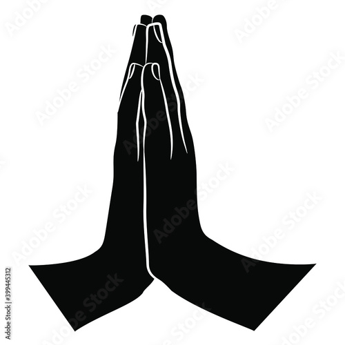 Two human hand folded in pray. Palms pressed together. Namaste gesture. Black and white silhouette.