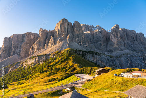 Passo di val Gardena valley at sunrise. Dolomites Alps. Italy photo