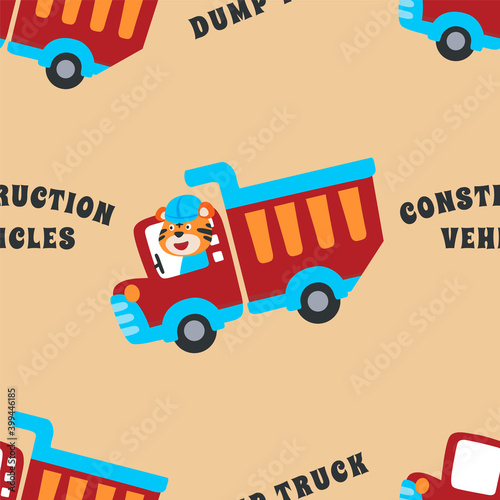 seamless pattern monster trucks with animal driver, Creative vector childish background for fabric, textile, nursery wallpaper, card, poster and other decoration.