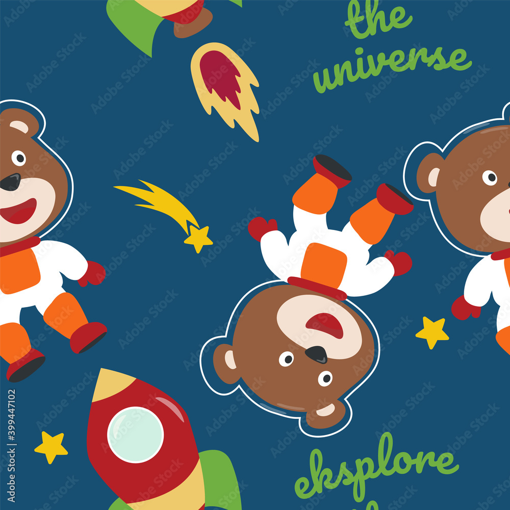 Seamless pattern cute astronaut bear in space with cartoon style. space rockets, planets, stars. Creative vector childish background for fabric, textile, nursery wallpaper, card, poster Seamless pattern cute astronaut bear in space with cartoon style. space rockets, planets, stars. Creative vector childish background for fabric, textile, nursery wallpaper, card, poster