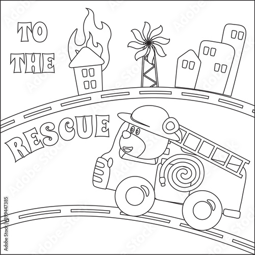 Fire rescue team with funny firefighter, vector cartoon, Cartoon isolated vector illustration, Creative vector Childish design for kids activity colouring book or page.