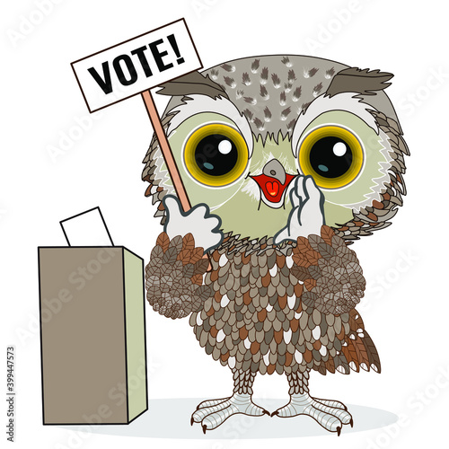 owl holding a sign with the inscription Vote, there is a ballot box next to it, color vector emoticon on a white isolated background, hand drawn clip art