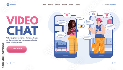 Web banner with two young people socialising in video chat session, cartoon vector illustration. Landing page interface with people communicating on internet.