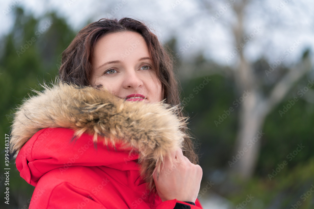 Young woman hides her face from cold in hood of red winter jacket. Portrait of woman against background of evergreen coniferous forest.