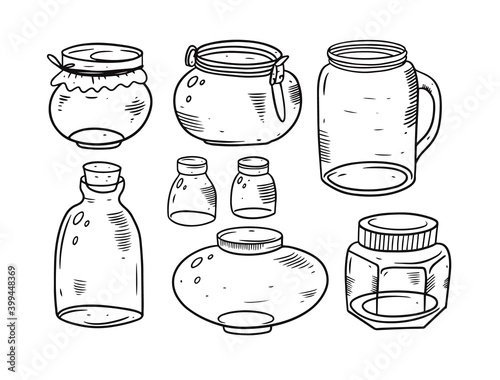 Hand drawing glass jars set. Black and white colors.