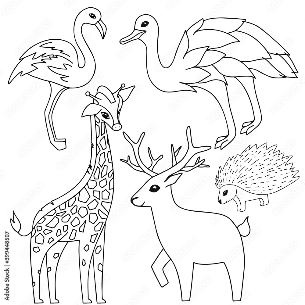 Cute cartoon animals for coloring and colors design. Outlined Clip art