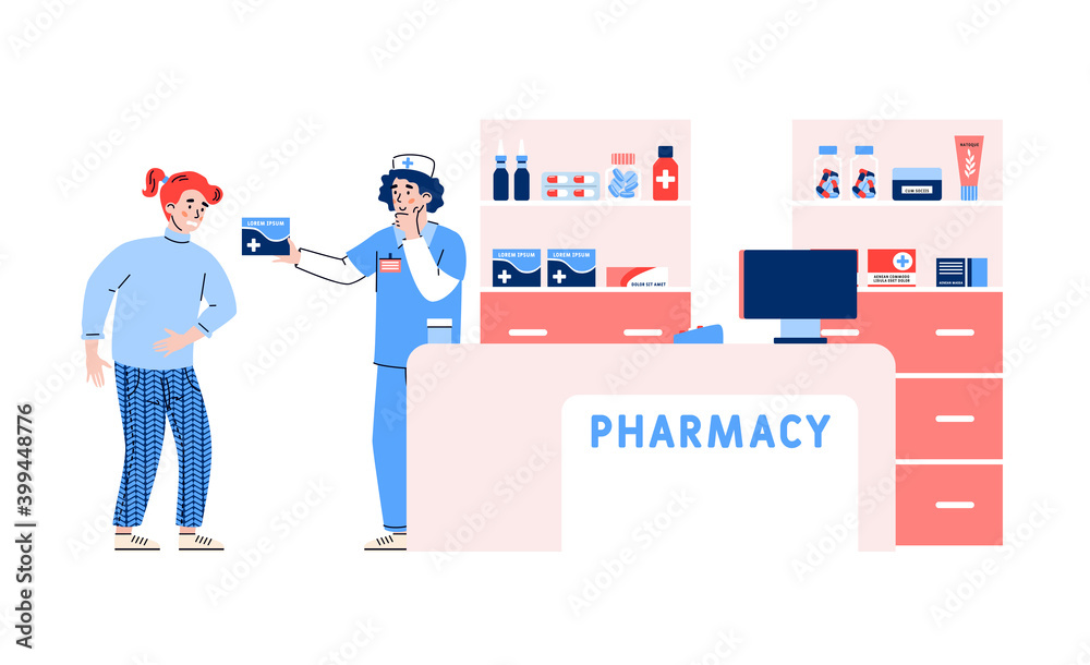 Pharmacy or drugstore with pharmacist or apothecary and client who wants to buy medicament, flat cartoon vector illustration isolated on white background. Pharmacy or drugstore with pharmacist or apothecary and client who wants to buy medicament, flat cartoon vector illustration isolated on white background.