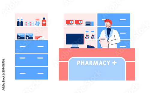 Pharmacy or drugstore with pharmacist or apothecary and client who wants to buy medicament, flat cartoon vector illustration isolated on white background.
