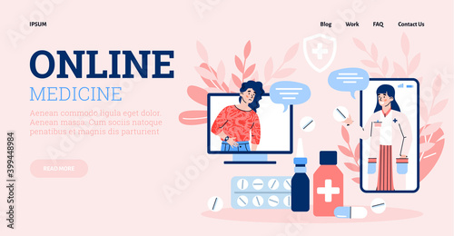 Online medicine and pharmacy website template with characters of doctor and patient seeking professional medical advice, flat cartoon vector illustration.