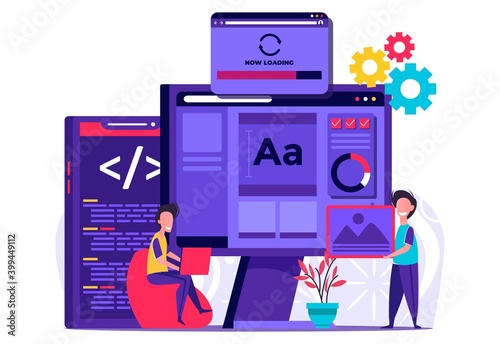 Tiny programmers programming website for internet platform flat vector illustration. Tiny people illustration. Vector illustration