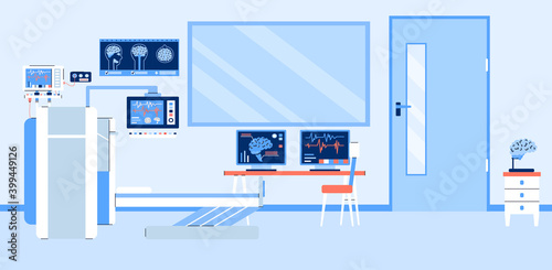 Medical office interior with magnetic resonance tomography equipment. Mri diagnostic in hospital clinic. Research of patient brain on computer screen using mrt scan. Vector banner.