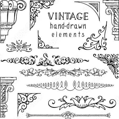 Collection of vintage elements for the design of menu pages, websites, documents, invitations. Corners, borders, text separators. hand drawn sketches engraving style.