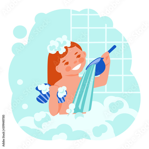 A little g rl washes in a bubble bath. Vector concept. Cartoon flat style.