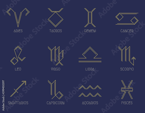 Zodiac signs concept, astrology, horoscope. Vector set of abstract geometric pictograms, linear yellow icons, on a dark blue background.