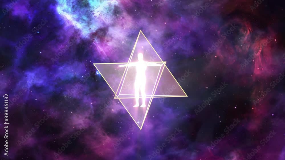 A looped 3D animation of the rotation of two tetrahedrons (Merkaba) inside which is a luminous man, radiating energy.