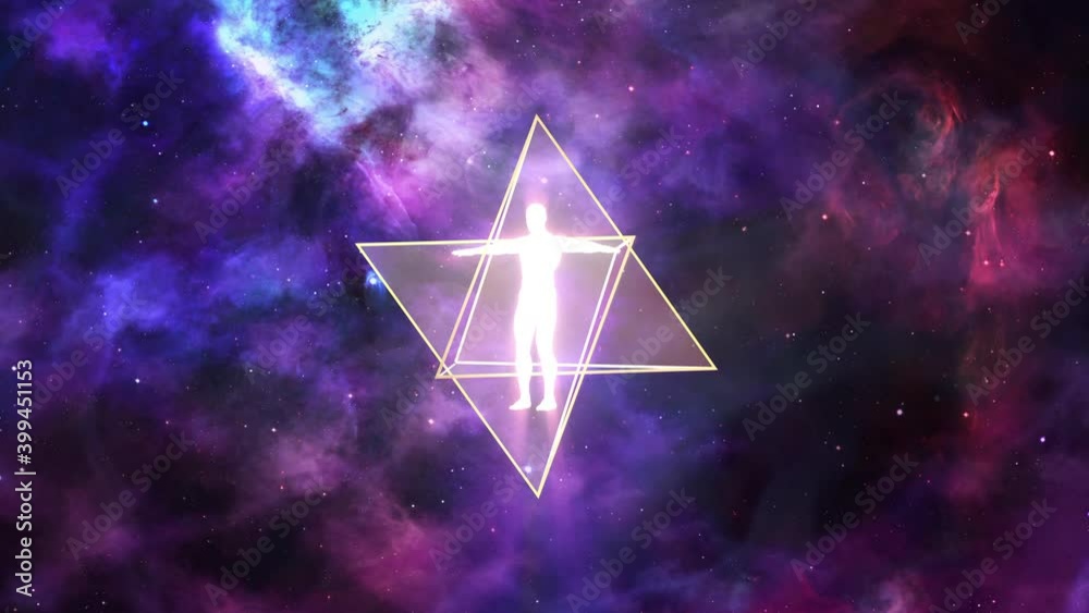 A looped 3D animation of the rotation of two tetrahedrons (Merkaba) inside which is a luminous man. On a space background.