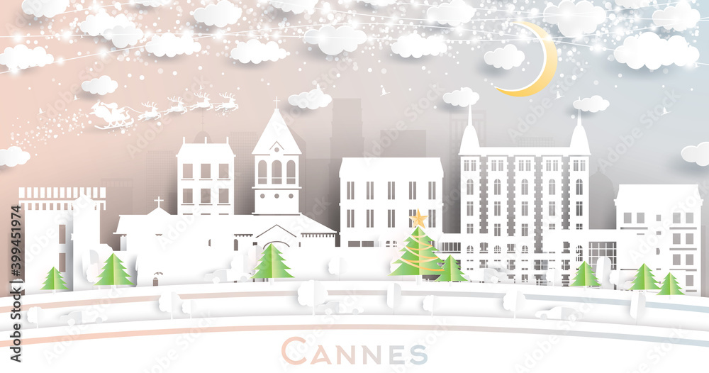 Cannes France City Skyline in Paper Cut Style with Snowflakes, Moon and Neon Garland.
