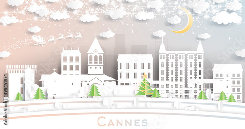Cannes France City Skyline in Paper Cut Style with Snowflakes, Moon and Neon Garland.