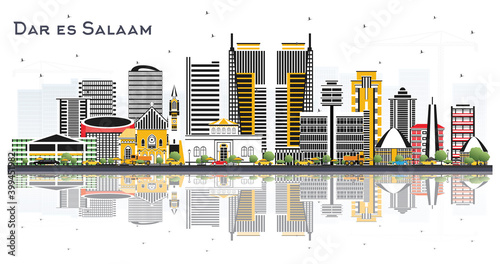 Dar Es Salaam Tanzania Skyline with Color Buildings and Reflections Isolated on White Background.