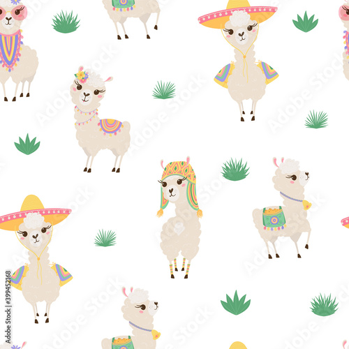 Seamless pattern with cute llamas on white background. Background with funny Alpaca babies for textiles, children's clothing, Wallpaper. Vector illustration