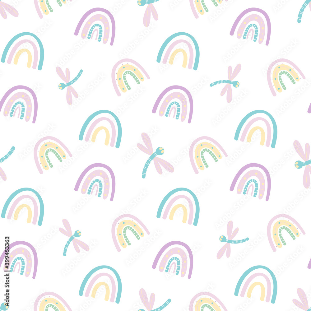 Cute rainbow and dragonfly seamless pattern. Scandinavian pattern in muted pastel colors. Hand-drawn vector illustration. Design for textiles, packaging, wrappers