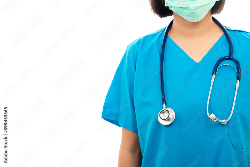 A confident female nurse standing with stethoscope, woman doctor in blue uniform, studio shot isolated on over white background, medical health concept A confident female nurse standing with stethoscope, woman doctor in blue uniform, studio shot isolated on over white background, medical health concept