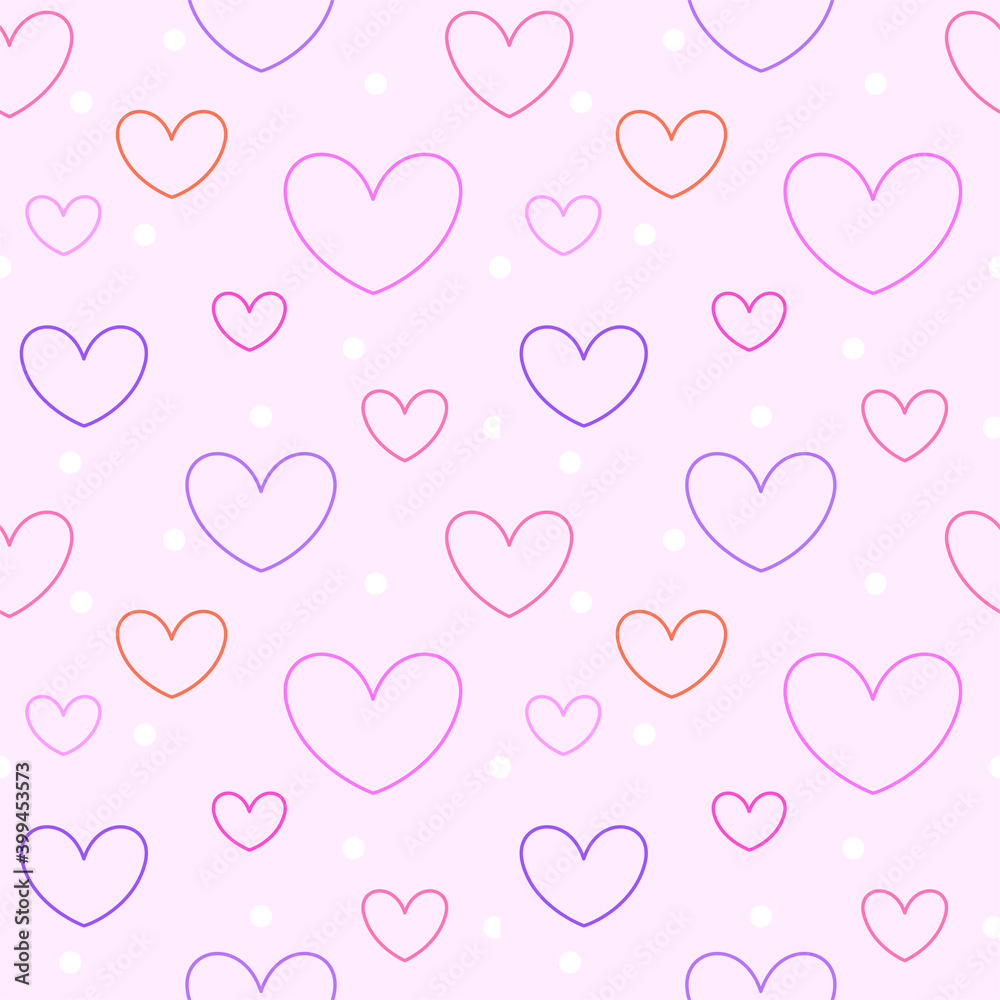 Abstract seamless pattern with red and purple hearts on a pink background in a dot. Cute background for Valentine's Day cards. Vector illustration