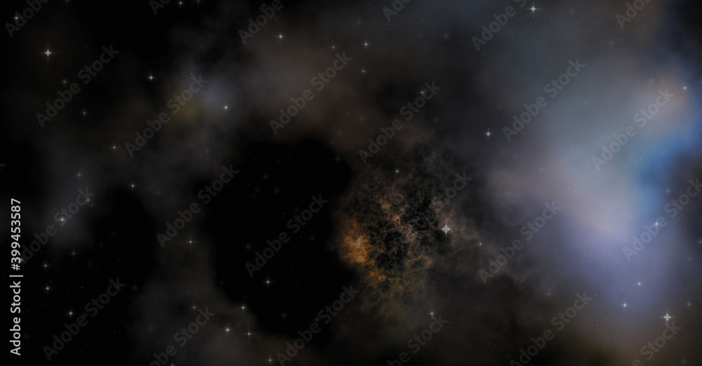 Star field in galaxy space with colorful nebula. Sci fi background of deep space. Ethereal wallpaper.