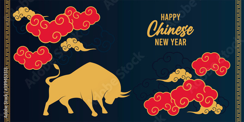 happy chinese new year lettering card with golden ox and red clouds