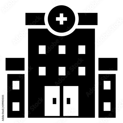 Hospital building glyph icon design on white background.