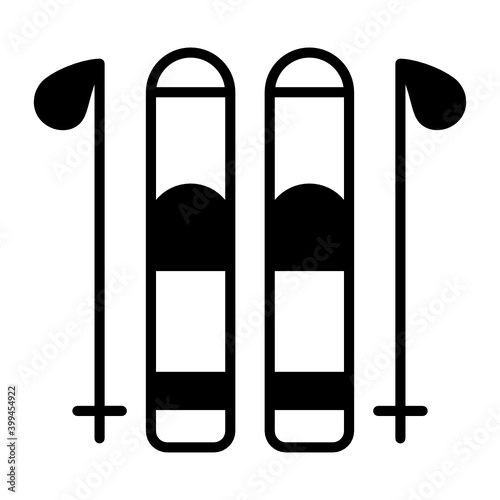 Ski equipment Vector Glyph Icon Design, Winter Fall activities Symbol on white background, Cold Weather Sign, Wild Season Elements, Bindings and Poles Concept,  Winter Sports Gear